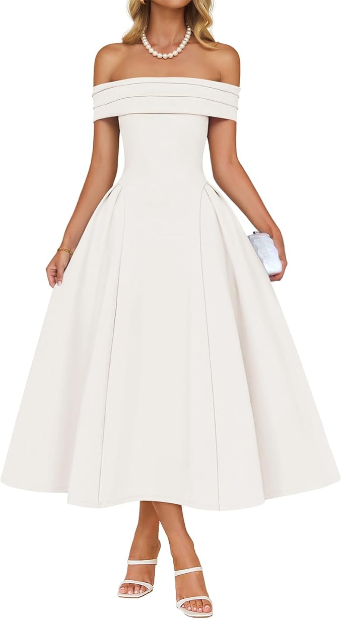 ZESICA Summer 2026 Cocktail Dresses for Women's Off Shoulder Short Sleeve Swing A Line Wedding Evening Party Midi Dress