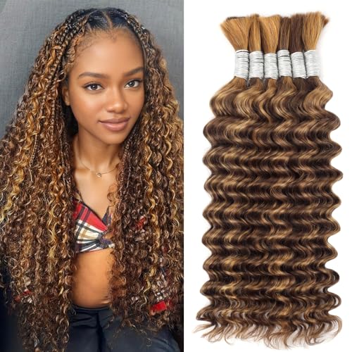 Ombre Braiding Hair for Boho Braids Deep Wave Bulk Human Hair for Braiding Wet and Wavy for Boho Braids Curly Human Hair Extensions 24 Inch 6 Bundles/Pack 150g Ombre Balayage 4/27#