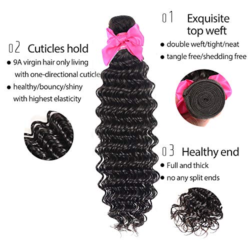 Aatifa Brazilian Virgin Deep Wave 3 Bundles with Closure 9A Grade Unprocessed Human Hair with 4x4 Lace Closure Free Part Natural Color, lace closure, (18/20/22+16 Inch)