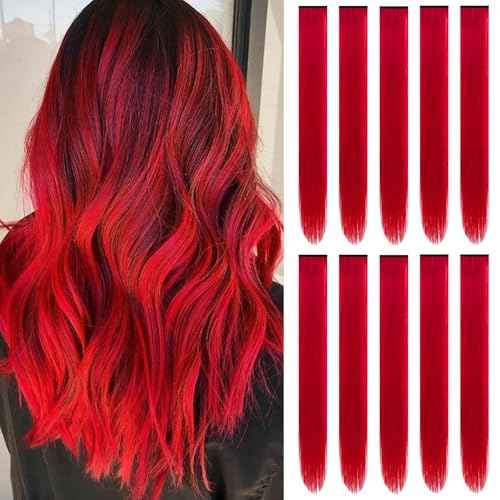 22 inch Colored Hair Extensions Straight Hairpiece, Colorful Hair Extensions Party Highlights Clip in Long Synthetic for Christmas Girls Women Kids Cosplay Favor Gift(10 PCS Red)
