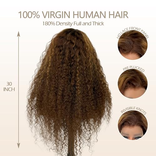 Honey Blonde Ombre Lace Front Wig Human Hair 13x5 Highlight Deep Wave Curly Wig 4/27 Colored HD Transparent Lace Front Wigs Human Hair Pre Plucked with Baby Hairs 180% Density 22 Inch