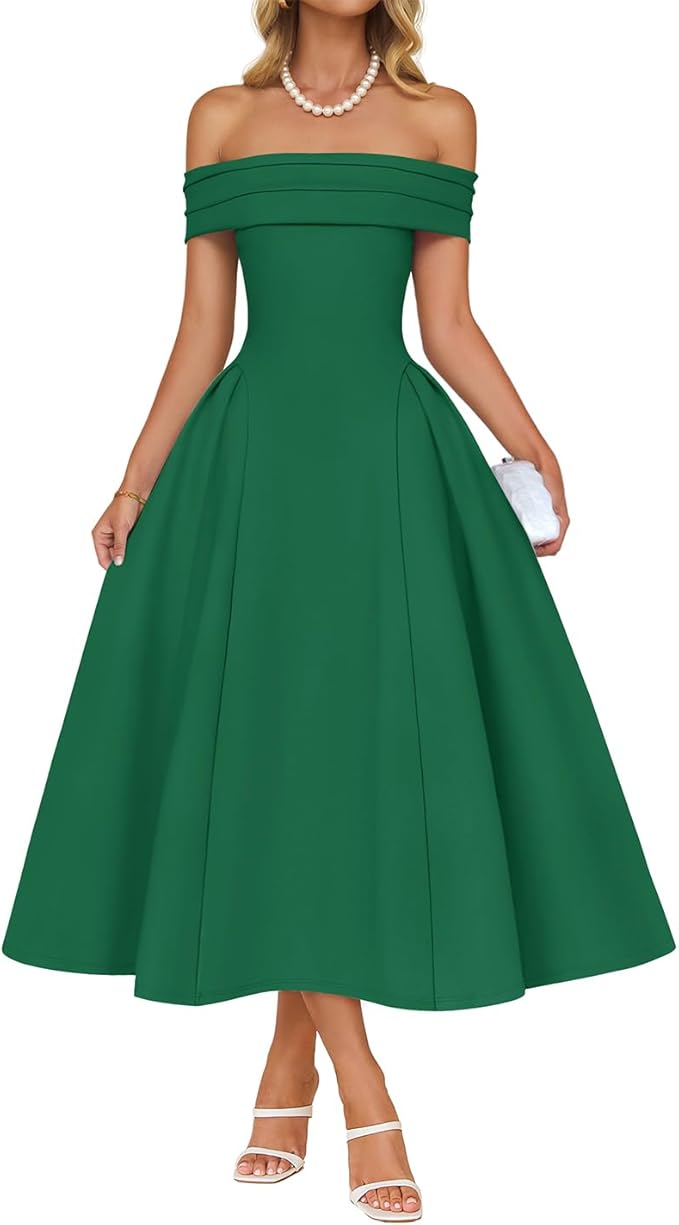 ZESICA Summer 2026 Cocktail Dresses for Women's Off Shoulder Short Sleeve Swing A Line Wedding Evening Party Midi Dress