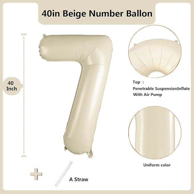 40 inch Cream White Number Balloon Giant Foil Helium Balloons Beige Number 7 Balloon for 7th Birthday Party Anniversary Decorations Supplies