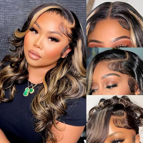 Bob Wig Human Hair 13x6 Balayage Highlight Body Wave HD Lace Front Wigs Human Hair Pre Plucked 200% Density Colored 1B/27 Ombre Honey Blonde Frontal Lace Wig 14 Inch Glueless Short Bob Wigs for Women