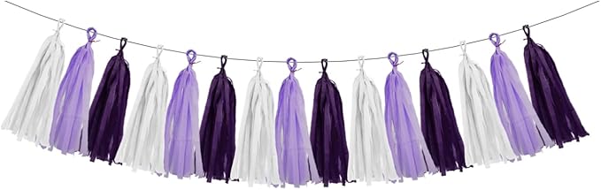 White Purple Party Decorations - 15Pcs Tissue Paper Tassel Garland Birthday Decorations Valentines Day Baby Girl Shower Women Bridal Wedding Engagement Bachelorette Graduation Hanging Decor