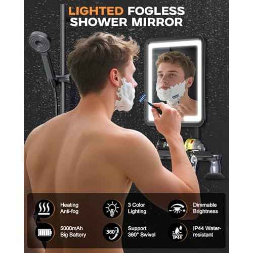 Shower Mirror Fogless for Shaving 7x9in Heated Anti Fog Mirror 3 Color Dimmable Lighted Mirror Rechargeable with Storage Tray Razor Holders 360¡Æ Rotatable Black Fog Free Bathroom Mirror for Men