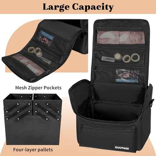 Makeup Travel Train Case, Black Makeup Carrying Organizer Bag, 4 Tier Professional Organizer Case with Straps Pockets for MakeUp Tools