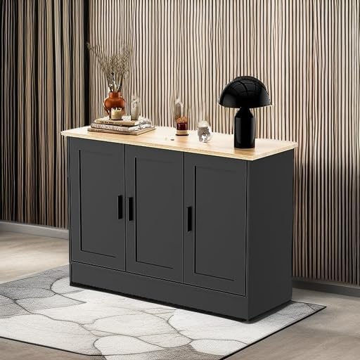 Anystyle 43.3”W Black 3 Door Buffet Cabinet, Coffee Bar with Adjustable Shelf, Kitchen Sideboard for Living Room, Kitchen