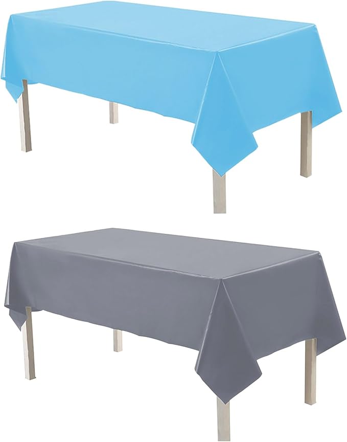 Plastic Tablecloths,Disposable Tablecovers,Baby Shower Party Tablecovers,Table Cloths for Picnic Birthday Wedding Parties 8 ft Rectangle Table Use,54 x 108 Inches,2 Pack,Light Blue,Silver.