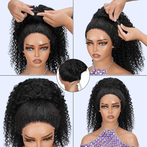 Glueless Half Wigs Human Hair Kinky-Curly Headband Wig Upgrade 3 In 1 Half Wig with Drawstring Seamless Clip Ins Flip Over 200 Density Curly Human Hair Wig For Black Women 22 Inch