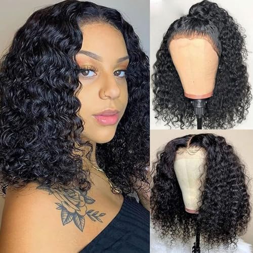 Bob Wig Human Hair 13x4 Water Wave Lace Front Wig Human Hair Pre Plucked 14 Inch 200% Density Short Bob Wet and Wavy Lace Front Wigs human hair for Black Women