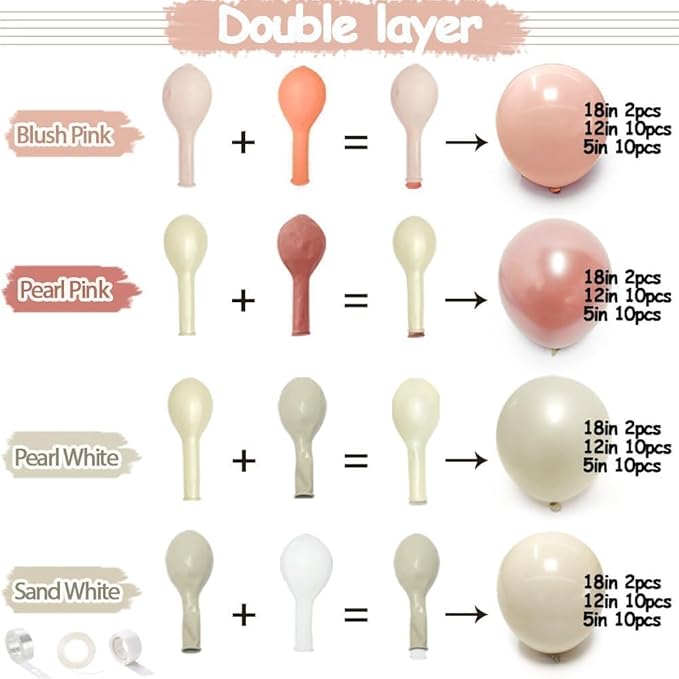 Pastel Pink White Balloon Arch Double Stuffed Light Pearl Blush Pink Cream Beige Peach Balloon Garland Kit for Birthday Wedding Baby in Bloom Baby Shower Bridal Princess Valentine's Day Party Decor