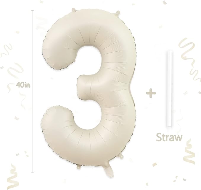 3 Balloon, Number 3 Balloon, 3 Balloon Number 40 Inch, Sand White Large Big Foil Number Balloons for Birthday Party Graduation Wedding Anniversary Baby Shower Bachelorette Decoration Supplies
