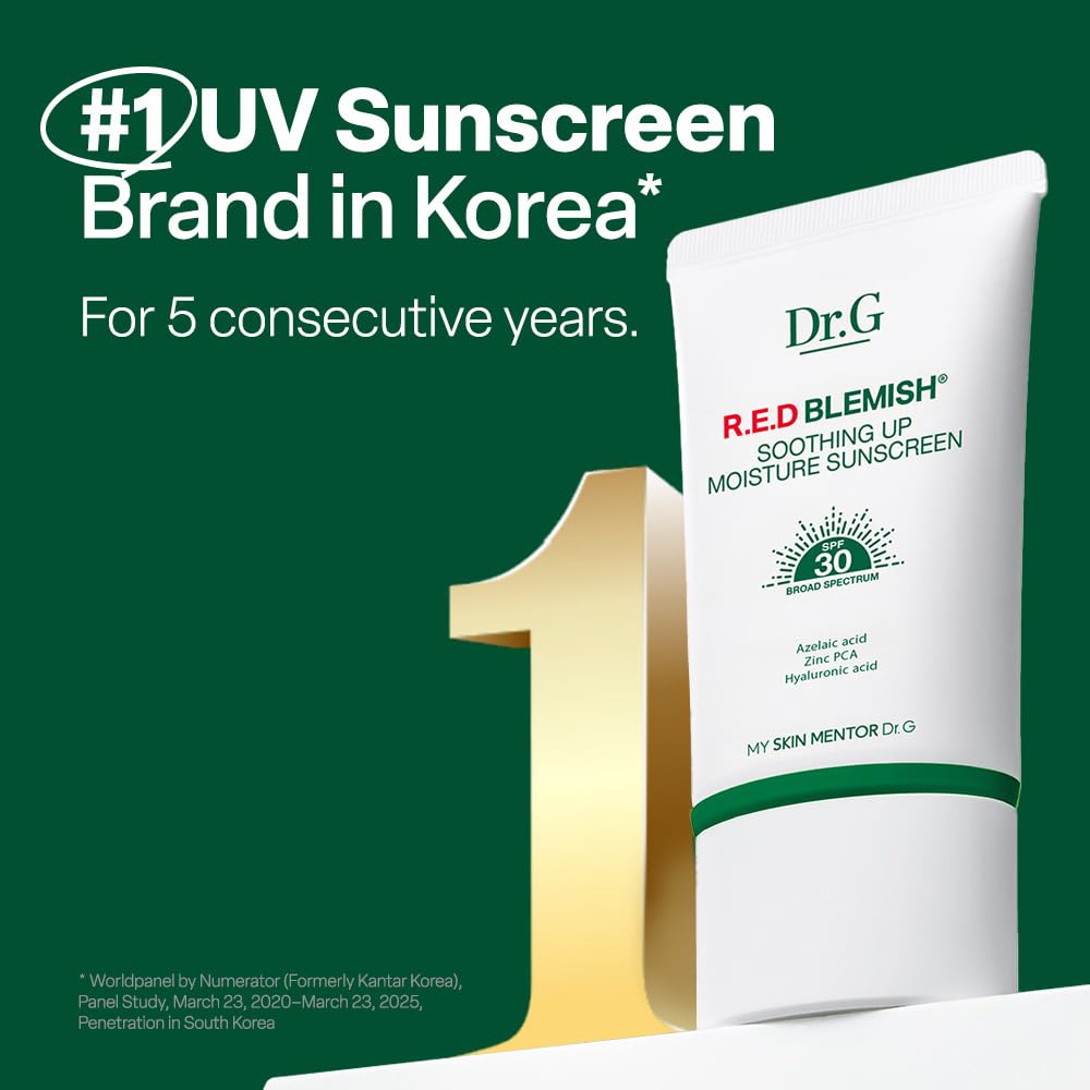 Dr. G R.E.D. Blemish Soothing Up Moisture Sunscreen - Korean Sunscreen with No White Cast - Broad Spectrum SPF for Sensitive Skin - Non-Greasy - With Hyaluronic & Azelaic Acid - 1.69 fl oz