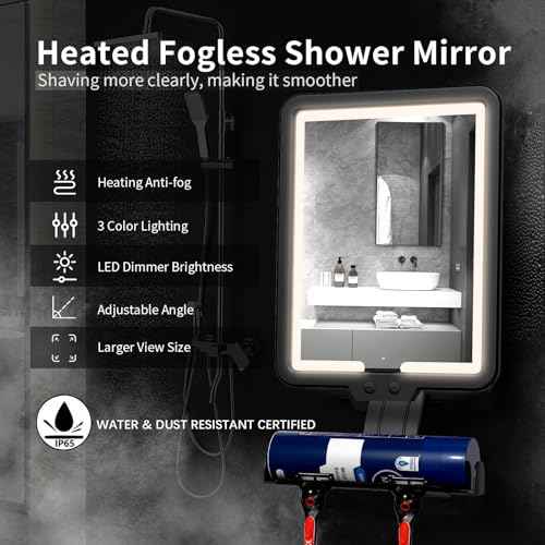 Shower Mirror Fogless for Shaving,Quick Anti Fog Mirror for Shower with Light, 3-Color Led Light Bathroom Mirror with Strong Adhesive Backing, Dimmable Brightness Makeup Mirrors for Wall