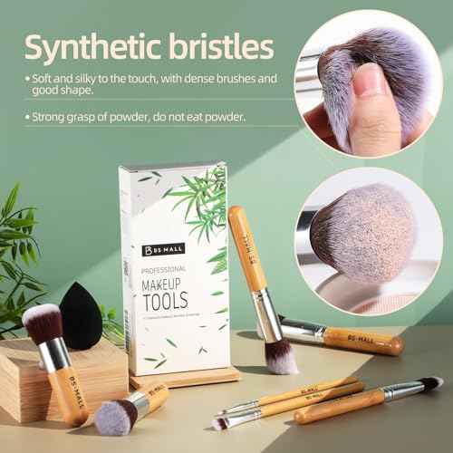 BS-MALL Makeup Brush Set 11Pcs Bamboo Synthetic Kabuki Brush Set Foundation Powder Blending Concealer Eye shadows Blush Cosmetics Brushes with Organizer Bag & Makeup Sponge (style, Count, 12)