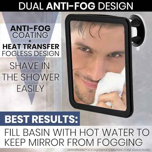 MIRRORVANA Fogless Shower Mirror for Shaving with Upgraded Suction, Dual Anti Fog Design, Shatterproof Surface & 360¡Æ Swivel, 8" x 7"