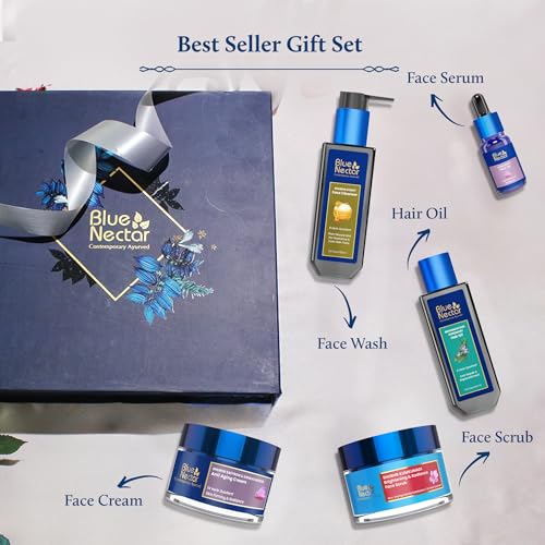 Blue Nectar Bestsellers Gift Set for Women & Men | Kumkumadi Face Serum, Anti Aging Cream, Hair Oil, Face Wash & Scrub | Gift Box for Birthday, Anniversary & Special Occasions | For All Skin Types