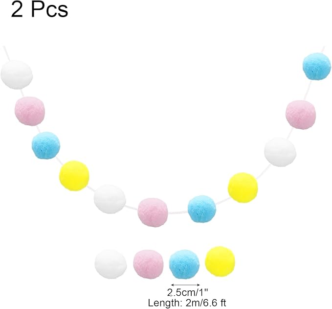 uxcell 2pcs Pom Pom Garland 6.6 Ft 30 Balls Colorful Felt Ball Garland for Wall Christmas Tree Decor Birthday Banner Easter Party Decorations, Pink, Blue, Yellow, White