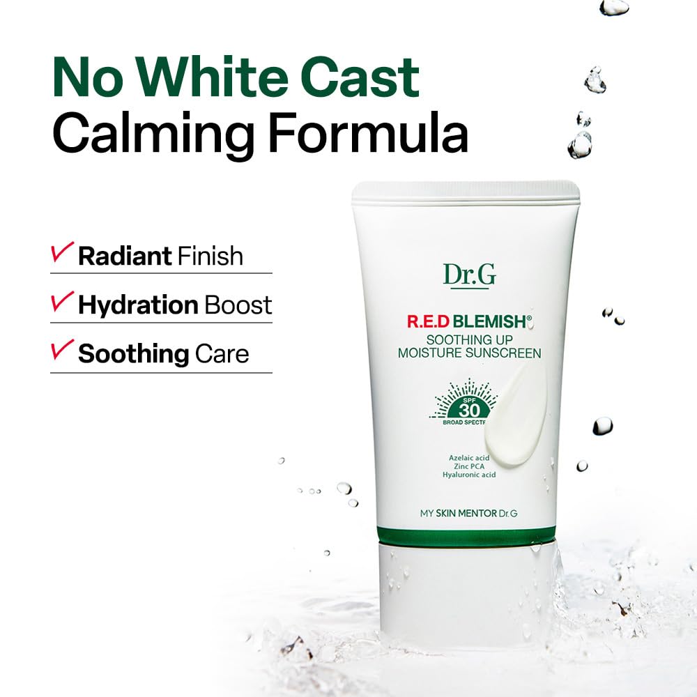 Dr. G R.E.D. Blemish Soothing Up Moisture Sunscreen - Korean Sunscreen with No White Cast - Broad Spectrum SPF for Sensitive Skin - Non-Greasy - With Hyaluronic & Azelaic Acid - 1.69 fl oz