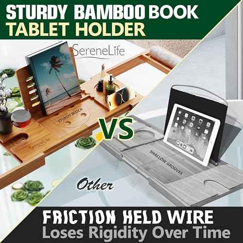 SereneLife Bamboo Bath Caddy with Fold and Lock Design - 30¡± to 43¡± Expandable Bathtub Tray, Easy Storage Folding Hinges