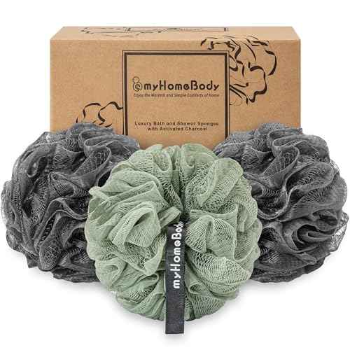 myHomeBody Large 70g Loofah Sponge, Bath Body Scrubber for Women, Men, Exfoliating Shower Pouf with Activated Charcoal - 2 Graphite Gray + 1 Sage Green, 3 Pack