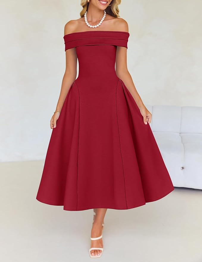 ZESICA Summer 2026 Cocktail Dresses for Women's Off Shoulder Short Sleeve Swing A Line Wedding Evening Party Midi Dress