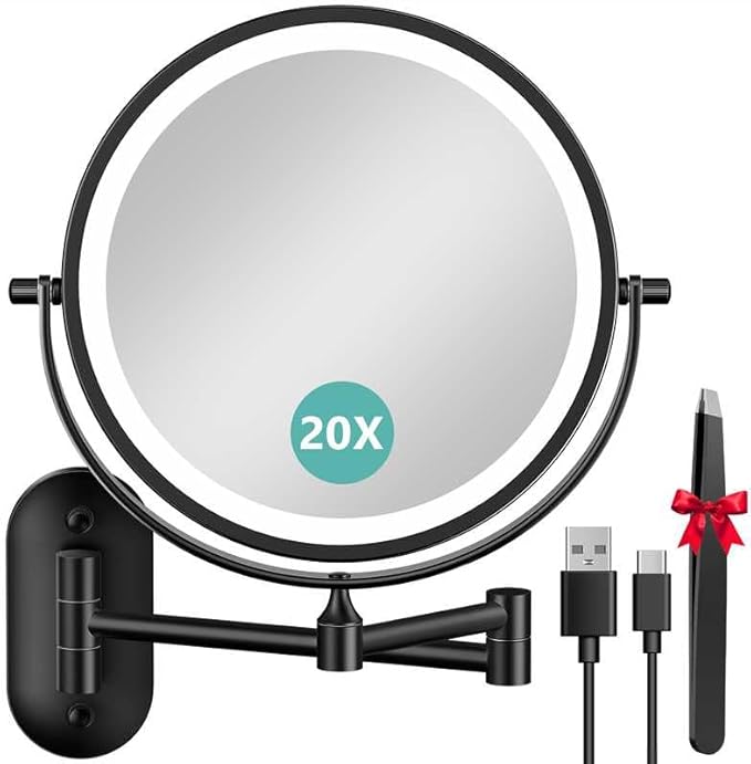 1X/20X Wall Mounted Makeup Mirror with Light, 8" Rechargeable Double-Sided Magnifying Mirror, Vanity Mirror Dimmable 3 Color Light, 360° Extension Rotation Foldable 14.5 Inch Arm for Bathroom