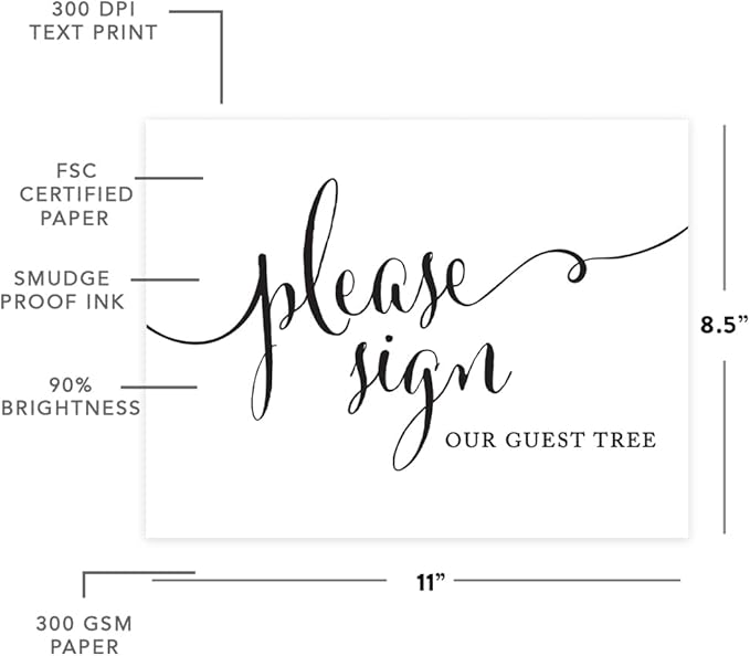 Andaz Press Wedding Party Signs, Formal Black and White Print, 8.5x11-inch, Please Sign our Guest Tree Table Sign, 1-Pack, For Anniversary Parties