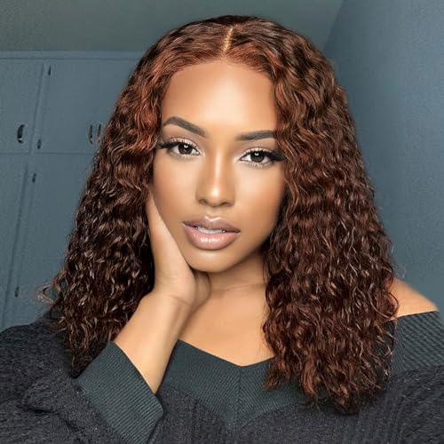 Hihmarm Chocolate Brown Deep Wave Bob Wig Human Hair Glueless 13x4 Hd Curly Lace Front Wigs Human Hair 180% Density 4# Colored Pre Plucked Human Hair Wig Short Bob Wigs For Black Women 14 Inch