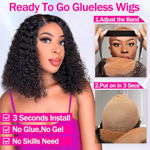 AISI Glueless Wigs Human Hair Pre Plucked Pre Cut Ready to Wear Curly Bob Wigs 5x5 HD Lace Front Wigs for Black Women 180% Density Deep Curly Lace Wigs with Elastic Band for Beginners 16 Inch