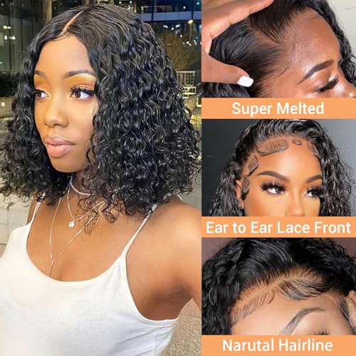 Bob Wig Human Hair 13x4 Water Wave Lace Front Wig Human Hair Pre Plucked 14 Inch 200% Density Short Bob Wet and Wavy Lace Front Wigs human hair for Black Women