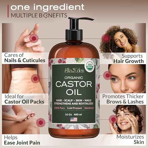 Ella & Eden Castor Oil Organic ? Cold Pressed Hexane-Free Unrefined Glass Bottle | For Hair Growth, Face, Skin | USDA Certified 100% Pure ? 16 Oz