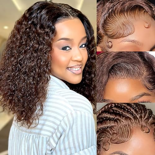 Chocolate Brown Bob Wig Human Hair 13x6 Deep Curly Wave Lace Frontal 4# Colored, 200 Density Short Wigs for Women Pre Plucked with Baby Hair Natural Hairline (14 Inch)