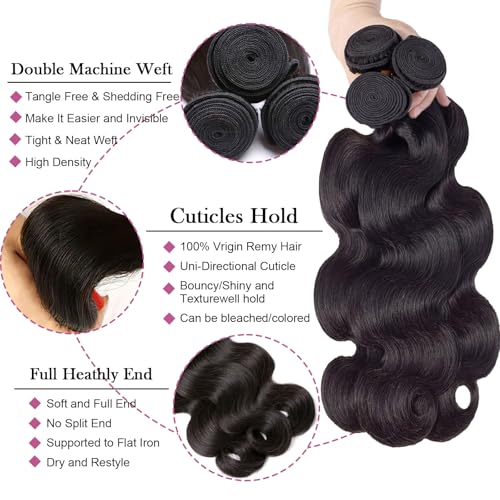 Body Wave Hair Bundles - 12 14 16 Inch | 100% Unprocessed Brazilian Virgin Human Hair | 3-Pack Quick Weave Bundles with Glossy Finish for Women