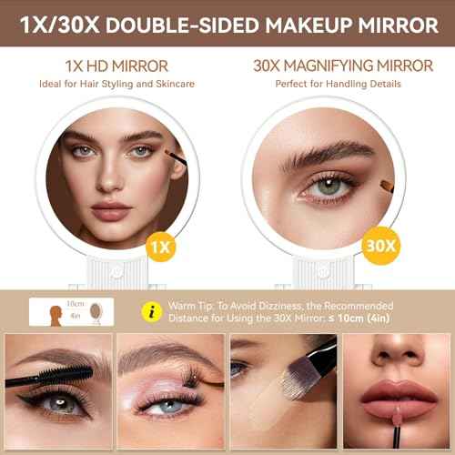 Auxmir 1X/30X Magnifying Mirror with Light, Double Sided Makeup Mirror with Adjustable 3 Color Light, 2000mAh Rechargeable Lighted Magnifying Mirrors with Tweezer, Foldable Travel Mirror with Rotation