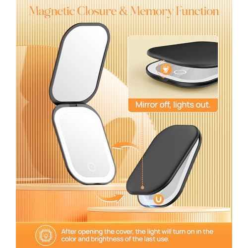Gospire Lighted Compact Mirror with Light and Magnification 1X/3X, Stepless Dimming and Three-Color Adjustable Lights, Rechargeable Battery and Small Mirror for Purse and Travel - Black
