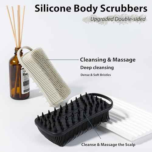 2 PC Silicone Body Scrubber, 2 in 1 Exfoliating Shower Bath Scrubber, Soft Silicone Loofah for Sensitive Skin, Shower Hair Scalp Massager, Easy to Clean, Lather Well (Grey&Black)