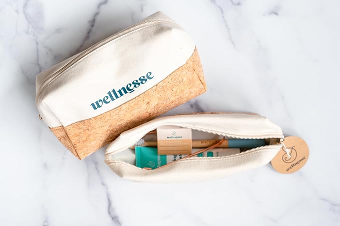 Wellnesse Essential Travel Oral Care Set - Compact Travel Dental Kit w/ 4 oz Whitening Hydroxyapatite Toothpaste, Adult Toothbrush, Copper Tongue Scraper, Silk Floss & Eco-Friendly Pouch, Mint Flavor