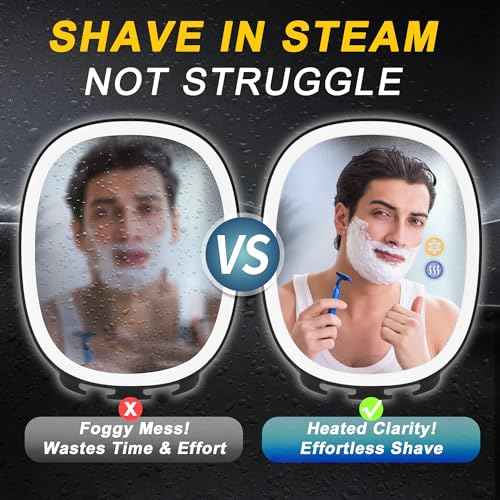 VOCOSTE Shaving Mirror for Shower Fogless, Heated Anti-Fog Mirror with 3-Color Dimmable LED Lights, 360¡Æ Rotation & 2 Weeks Runtime 5000mAh, Shower Mirror for Shaving Men, 2 Razors Holders