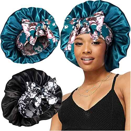 2pcs Large Silky Bonnets with tie Band Braid Bonnet, Satin Bonnet for Sleeping Curly Hair, F