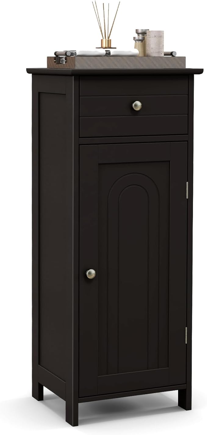 LOKO Bathroom Floor Cabinet, Modern Single Door Storage Cabinet with Drawer & Adjustable Shelves, Corner Narrow Storage Organizer for Living Room, Entryway (Brown)