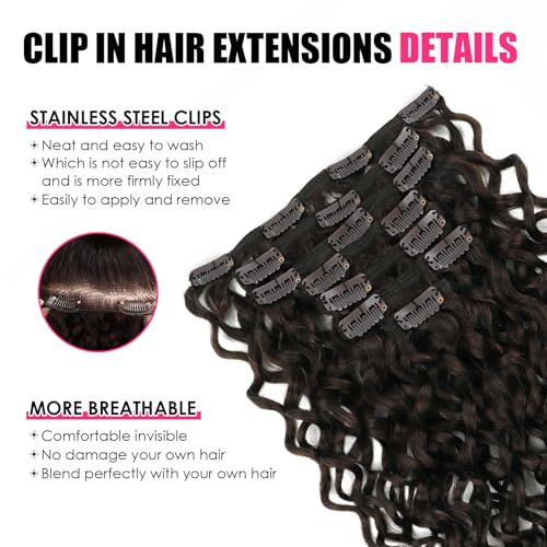 Natural Wavy Clip in Hair Extensions Real Human Hair Natural Wave Clip ins Human Hair Extensions 22 Inch 120g Double Weft Dark Brown Curly Clip in Extensions Full Head Human Hair #2