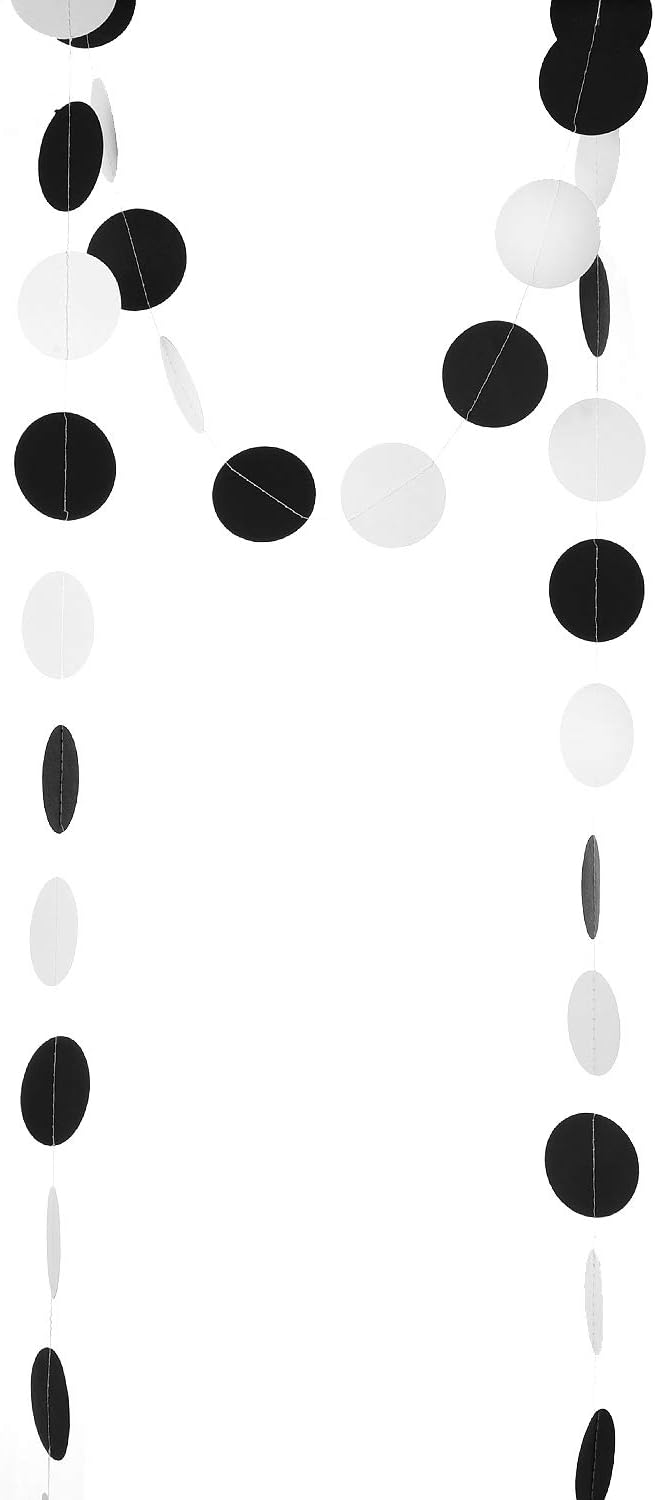 WEVEN Black and White Paper Garland Circle Dot Party Garland Banner Streamer Backdrop Hanging Decorations, 2" in Diameter, Pack of 3, 30 Feet in Total