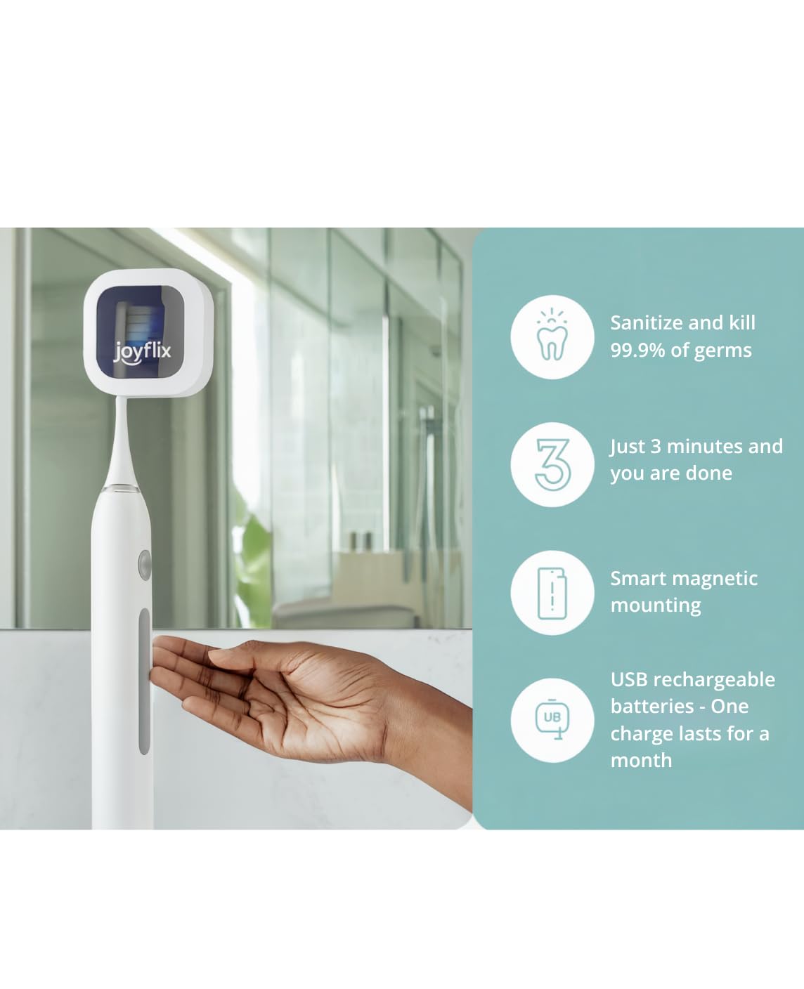 joyflix UV-C Toothbrush Sanitizer | Portable & Rechargeable | 99.9% Sanitization with Heating Function | Magnetic Mount, Travel-Friendly & Compact Design (Blush Pink)