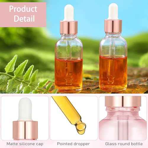 50 Pcs 2 Oz Glass Dropper Bottles with Rose Gold Caps for Essential Oils Perfumes and Cosmetic Liquid Storage Featuring Funnels Droppers and Cleaning Brushes(Pink)