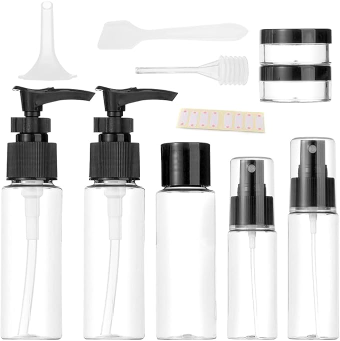 Vitog Travel Bottles Kit, TSA Approved Leak Proof Portable Toiletry Containers Set, Clear flight size PET Cosmetic Containers for Lotion, Shampoo, Cream, Soap, Set of 11 (Black+Plastic)