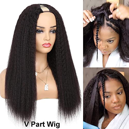 V Part Wig Human Hair Wigs for Black Women Kinky Straight V Part Wig 12A Virgin Hair Half Wigs for Women No Lace Upgrade U Part Human Hair Wigs Full Head Clip in Half Wig V Shape Wigs (18inch)