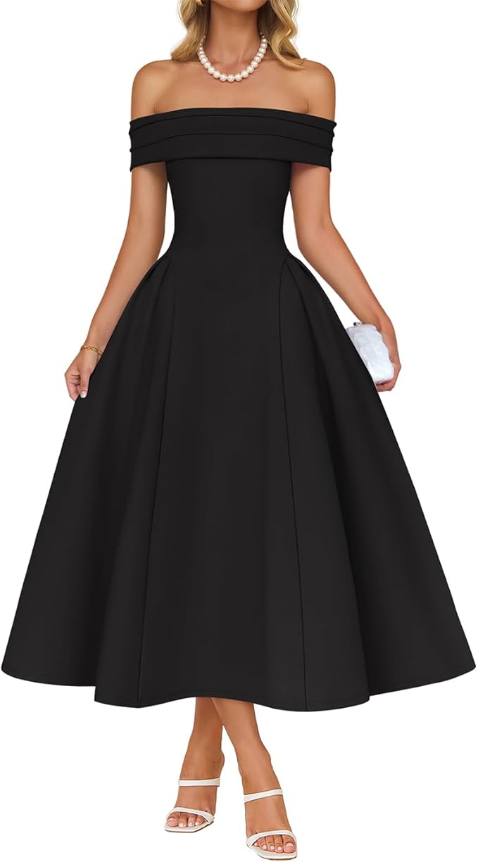 ZESICA Summer 2026 Cocktail Dresses for Women's Off Shoulder Short Sleeve Swing A Line Wedding Evening Party Midi Dress