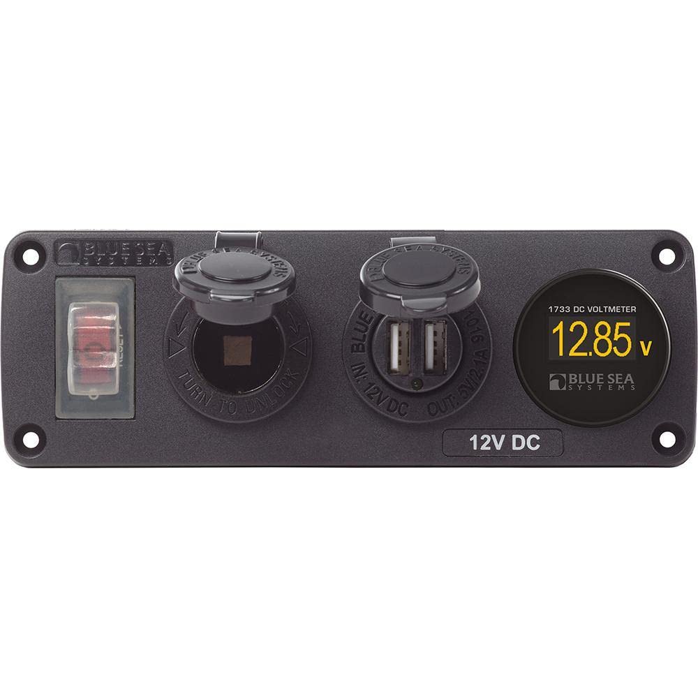 Blue Sea Systems 4366 Water-Resistant Accessory Panel with Circuit Breaker, 12V Socket, Dual USB Charger, Mini Voltmeter, Black